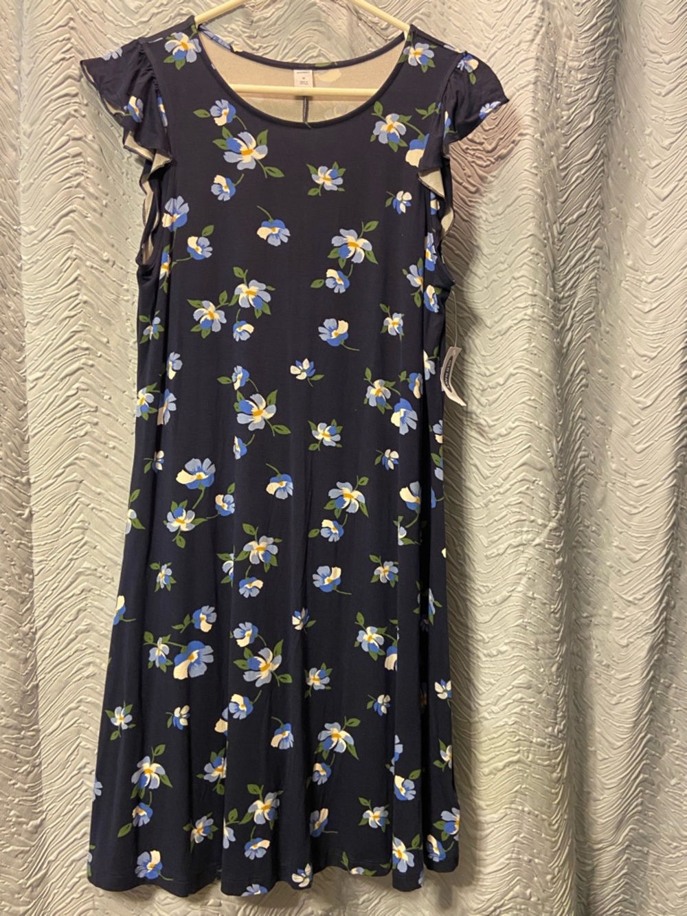 Old Navy Navy Floral Midi Dress with Ruffle Cap Sleeves